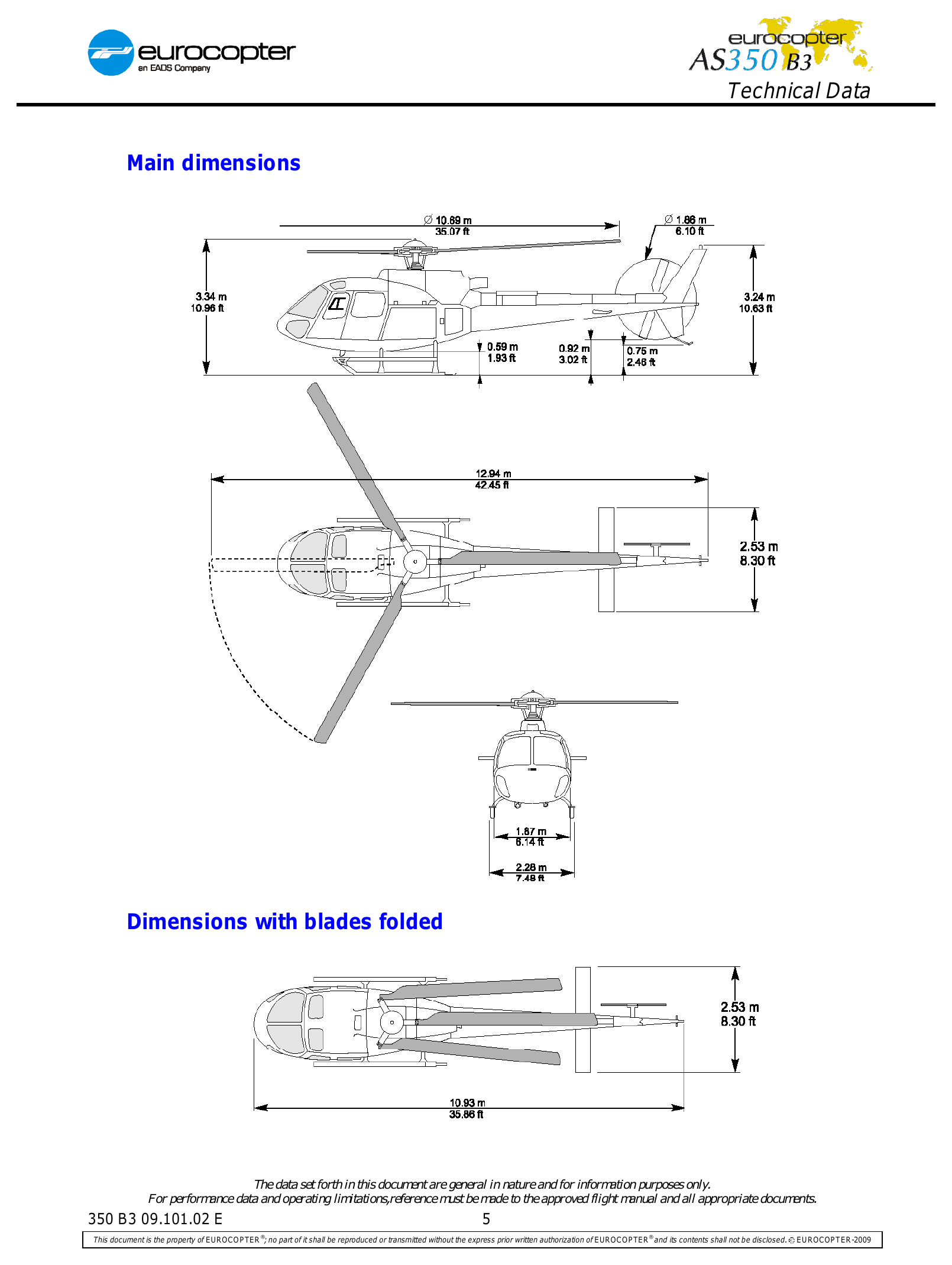 Airbus AS 350 B3 manufacturer main-dimension drawing