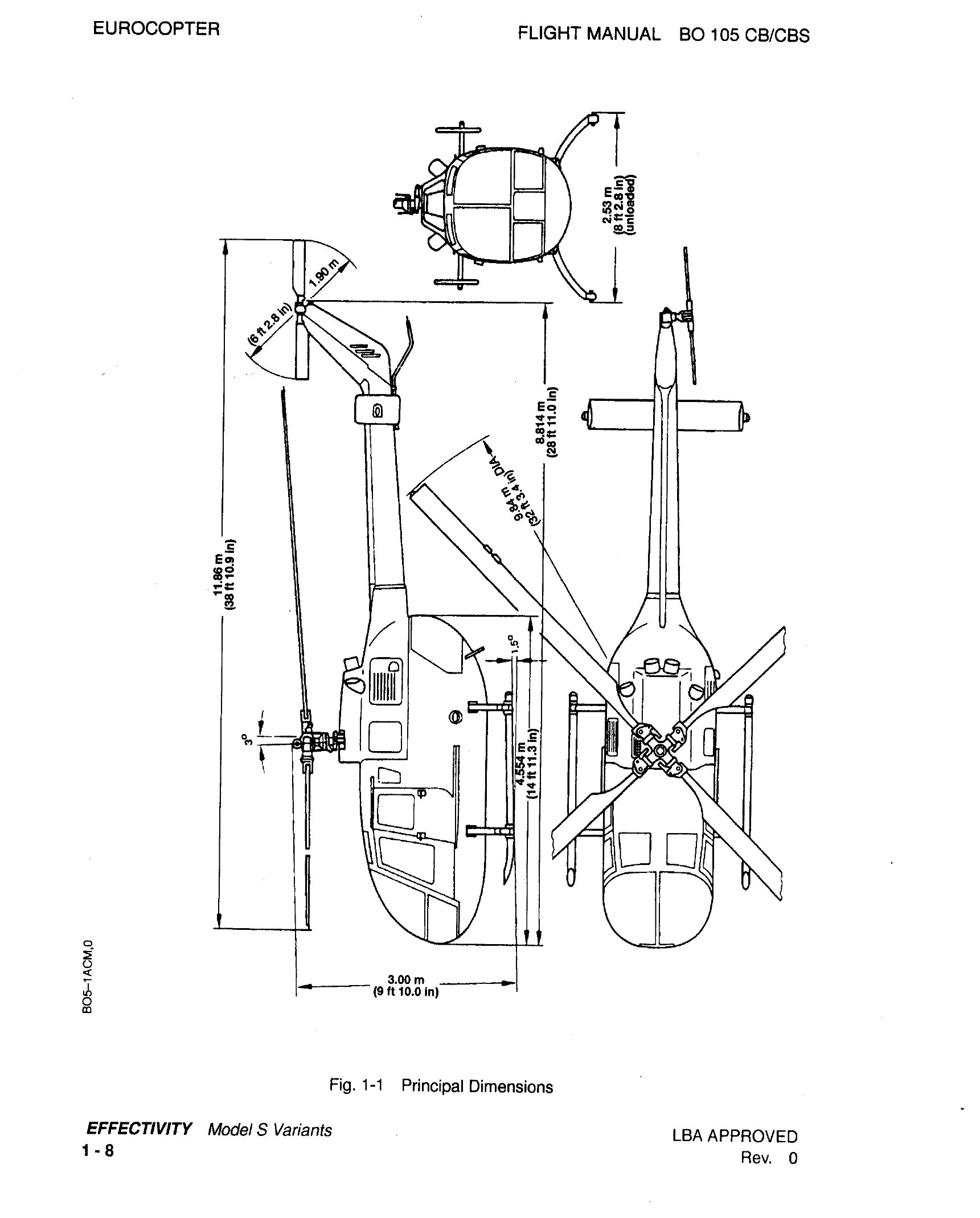 Airbus / MBB BO 105 CB/CBS flight-manual dimension drawing