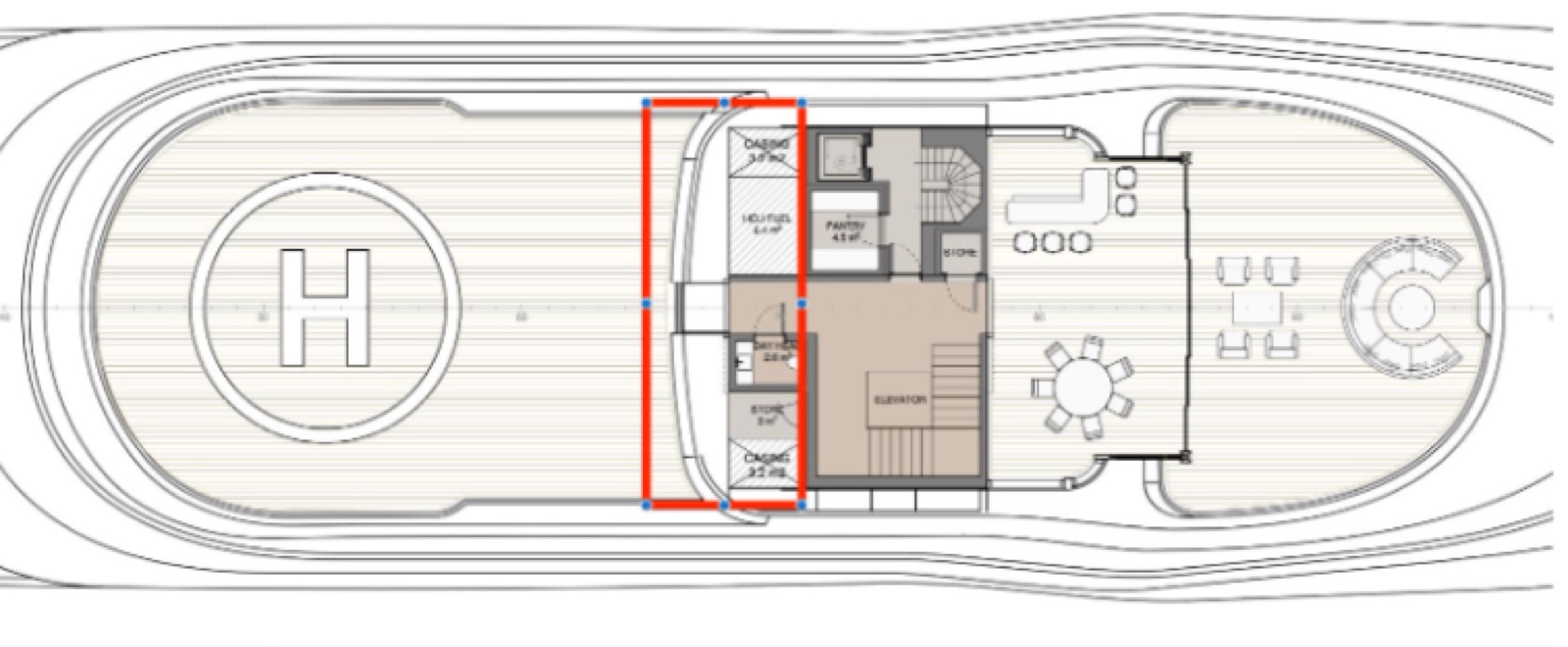 GA top deck, sideways hangar / cabin zone marked