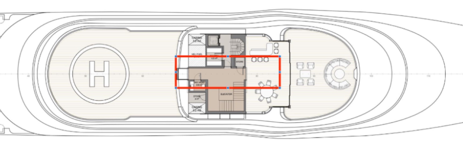 GA top deck, helicopter lounge zone marked