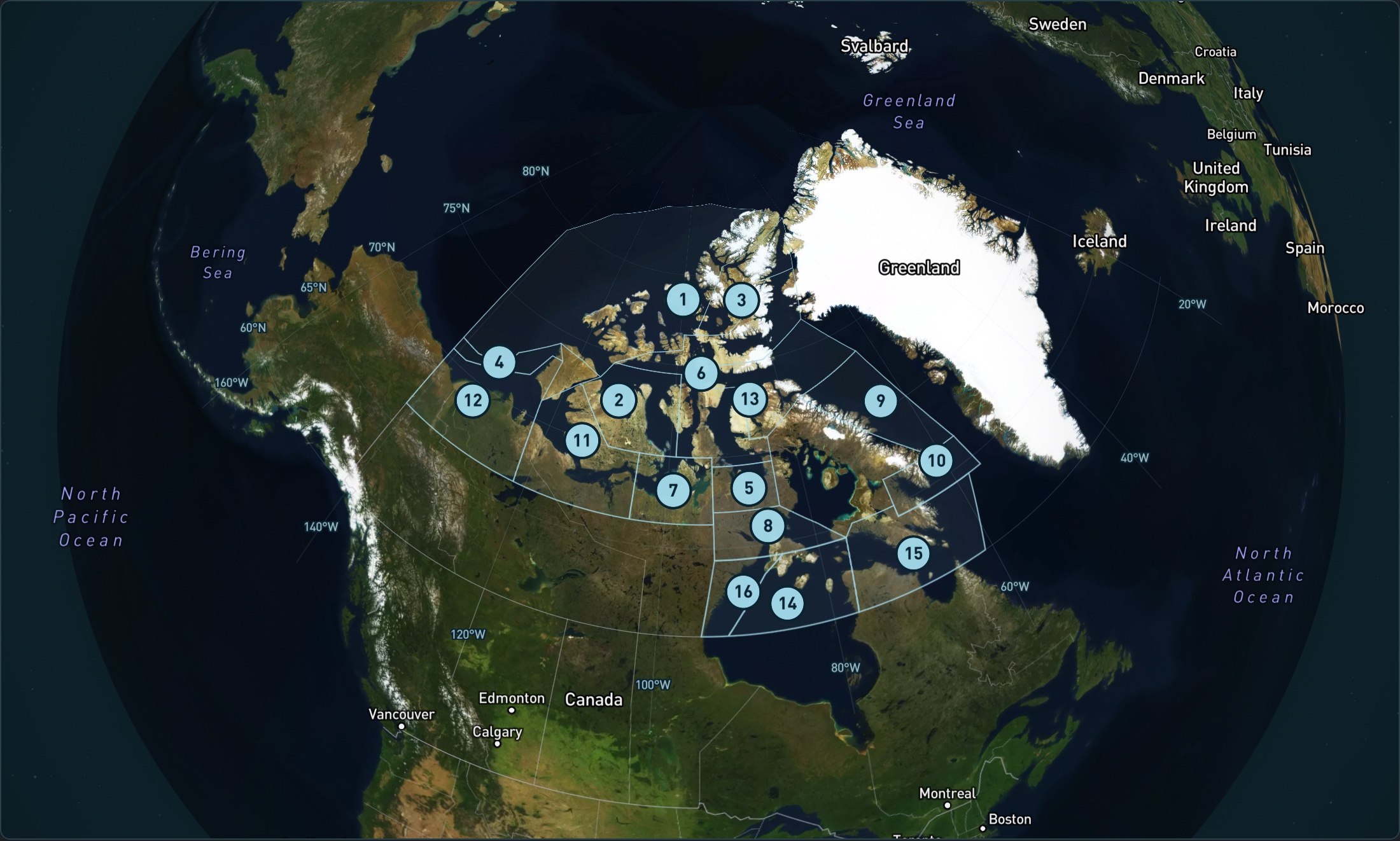 Canada's sixteen Shipping Safety Control Zones on the Arctic globe
